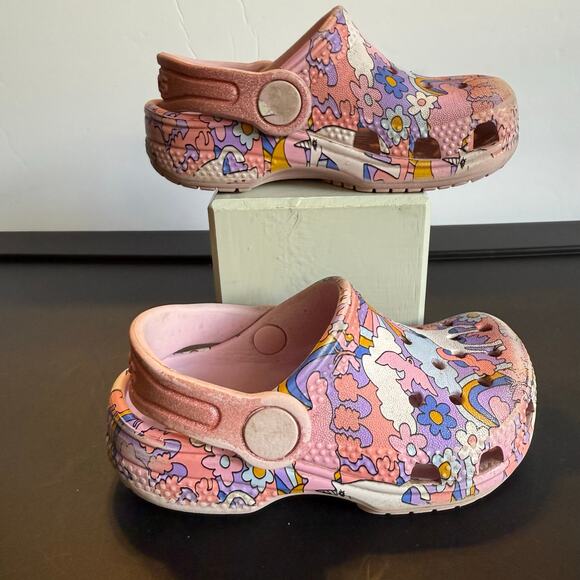 Crocs Classic Kids Clogs C6 Pink Unicorn Rainbow Print Slip-On Shoes - Picture 10 of 11